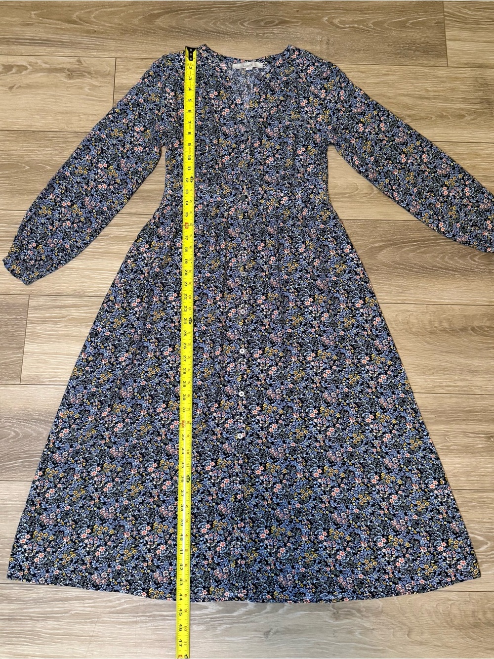 LOFT Navy Blue Floral Long-Sleeve Button Down Midi Dress - Picture 14 of 16